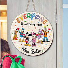 Load image into Gallery viewer, Personalized Round Wood Sign Everyone Is Welcome Here Custom Name Gift