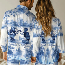 Load image into Gallery viewer, Personalized Blue & White Mouse Couple Button Down Pajamas Set for Couples
