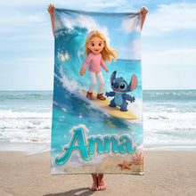 Load image into Gallery viewer, Personalized Blue Alien Beach Towel Custom Name Gift for Kids