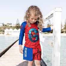 Load image into Gallery viewer, Personalized Spider Kid Rashguard Set with Swim Trunks