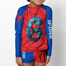 Load image into Gallery viewer, Personalized Spider Kid Rashguard Set with Swim Trunks