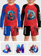 Load image into Gallery viewer, Personalized Spider Kid Rashguard Set with Swim Trunks