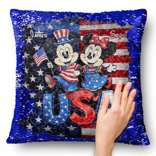 Load image into Gallery viewer, Personalized USA Celebration Pillow with Mickey & Minnie - Gift for Patriotic Families