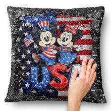 Load image into Gallery viewer, Personalized USA Celebration Pillow with Mickey & Minnie - Gift for Patriotic Families