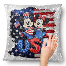 Load image into Gallery viewer, Personalized USA Celebration Pillow with Mickey & Minnie - Gift for Patriotic Families