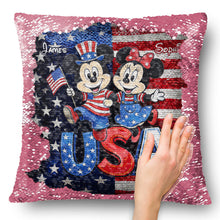 Load image into Gallery viewer, Personalized USA Celebration Pillow with Mickey & Minnie - Gift for Patriotic Families