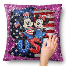 Load image into Gallery viewer, Personalized USA Celebration Pillow with Mickey & Minnie - Gift for Patriotic Families