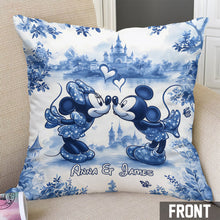 Load image into Gallery viewer, Personalized Blue & White Mouse Couple Throw Pillow Gift for Couples