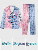 Load image into Gallery viewer, Personalized Satin Button Down Pajamas Set for Mom - Cute Stitch Design