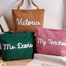 Load image into Gallery viewer, Personalized Corduroy Yarn Tote Bag Teacher Gift Custom Name