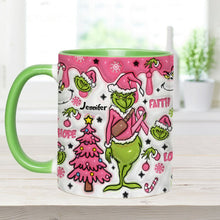 Load image into Gallery viewer, Personalized Breast Cancer Awareness Accent Mug with Grinch Design for Gift