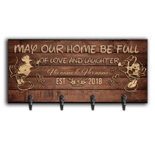 Load image into Gallery viewer, Personalized Love and Laughter Key Rack with Custom Names - Rustic Wooden Design
