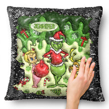 Load image into Gallery viewer, Personalized Sequin Pillow Cover with Grinch Design for Christmas Gift