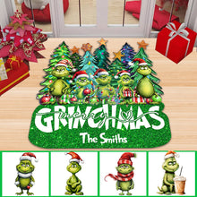Load image into Gallery viewer, Personalized Merry Grinchmas Shaped Doormat Custom Family Name Holiday Decor