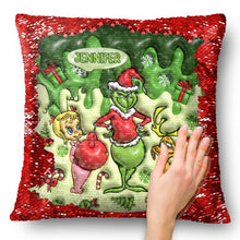 Load image into Gallery viewer, Personalized Sequin Pillow Cover with Grinch Design for Christmas Gift