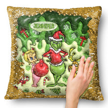 Load image into Gallery viewer, Personalized Sequin Pillow Cover with Grinch Design for Christmas Gift