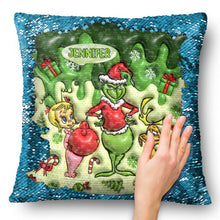 Load image into Gallery viewer, Personalized Sequin Pillow Cover with Grinch Design for Christmas Gift