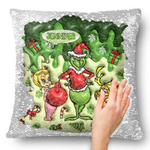 Load image into Gallery viewer, Personalized Sequin Pillow Cover with Grinch Design for Christmas Gift