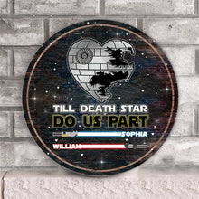 Load image into Gallery viewer, Personalized Till Death Star Do Us Part Round Wood Sign Gift for Couples