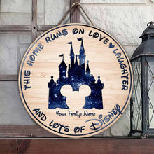 Load image into Gallery viewer, Personalized Round Wood Sign with Family Name - Home Runs on Love & Laughter Gift