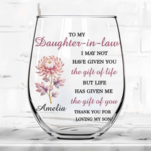 Load image into Gallery viewer, Personalized Stemless Wine Glass Birth Month Flower Gift for Daughter-in-Law
