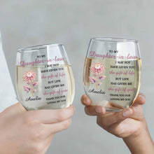 Load image into Gallery viewer, Personalized Stemless Wine Glass Birth Month Flower Gift for Daughter-in-Law