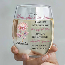 Load image into Gallery viewer, Personalized Stemless Wine Glass Birth Month Flower Gift for Daughter-in-Law