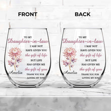 Load image into Gallery viewer, Personalized Stemless Wine Glass Birth Month Flower Gift for Daughter-in-Law