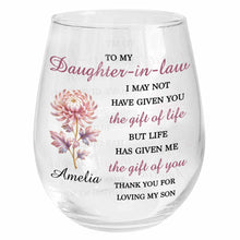 Load image into Gallery viewer, Personalized Stemless Wine Glass Birth Month Flower Gift for Daughter-in-Law