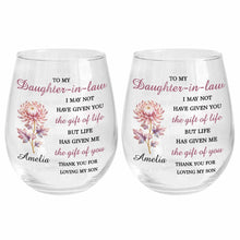 Load image into Gallery viewer, Personalized Stemless Wine Glass Birth Month Flower Gift for Daughter-in-Law