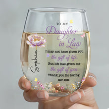 Load image into Gallery viewer, Personalized Stemless Wine Glass Custom Birth Month Flowers Gift for Daughter-in-Law