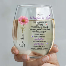 Load image into Gallery viewer, Personalized Stemless Wine Glass Birth Month Flower Gift for Daughter-in-Law
