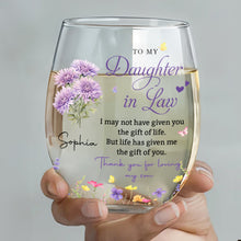 Load image into Gallery viewer, Personalized Stemless Wine Glass Custom Birth Month Flowers Gift for Daughter-in-Law
