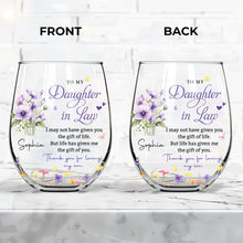 Load image into Gallery viewer, Personalized Stemless Wine Glass Custom Birth Month Flowers Gift for Daughter-in-Law