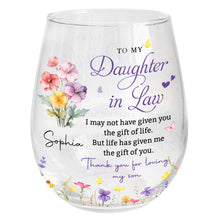 Load image into Gallery viewer, Personalized Stemless Wine Glass Custom Birth Month Flowers Gift for Daughter-in-Law