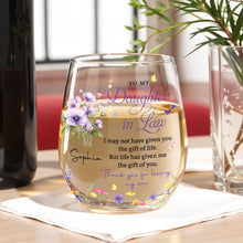 Load image into Gallery viewer, Personalized Stemless Wine Glass Custom Birth Month Flowers Gift for Daughter-in-Law