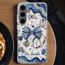 Load image into Gallery viewer, Personalized Clear Phone Case for Doctor with Blue Bow & 3D Icons