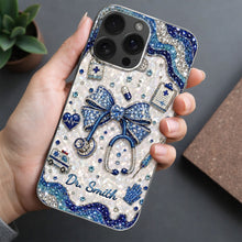 Load image into Gallery viewer, Personalized Clear Phone Case for Doctor with Blue Bow & 3D Icons