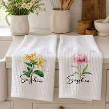 Load image into Gallery viewer, Personalized Birth Month Flower Kitchen Towel with Butterflies Gift for Mom, Bestie, or Daughter