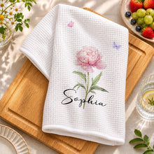 Load image into Gallery viewer, Personalized Birth Month Flower Kitchen Towel with Butterflies Gift for Mom, Bestie, or Daughter