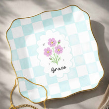 Load image into Gallery viewer, Personalized Lace Jewelry Dish with Birth Month Flowers Gift for Women