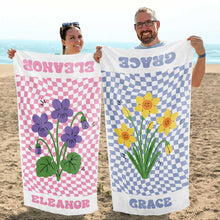 Load image into Gallery viewer, Personalized Beach Towel Custom Name Birth Month Flowers Gift for Mom
