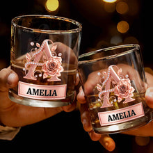 Load image into Gallery viewer, Personalized Floral Rose Gold Initial Custom Whiskey Glass Gift