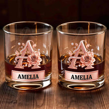 Load image into Gallery viewer, Personalized Floral Rose Gold Initial Custom Whiskey Glass Gift