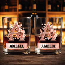 Load image into Gallery viewer, Personalized Floral Rose Gold Initial Custom Whiskey Glass Gift