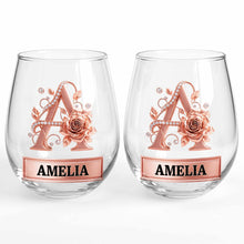 Load image into Gallery viewer, Personalized Stemless Wine Glass with Floral Monogram Gift for Her