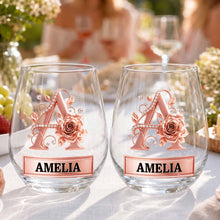 Load image into Gallery viewer, Personalized Stemless Wine Glass with Floral Monogram Gift for Her