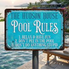 Load image into Gallery viewer, Personalized Metal Pool Rules Sign Custom Family Name Gift