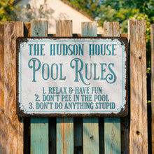 Load image into Gallery viewer, Personalized Metal Pool Rules Sign Custom Family Name Gift