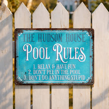 Load image into Gallery viewer, Personalized Metal Pool Rules Sign Custom Family Name Gift